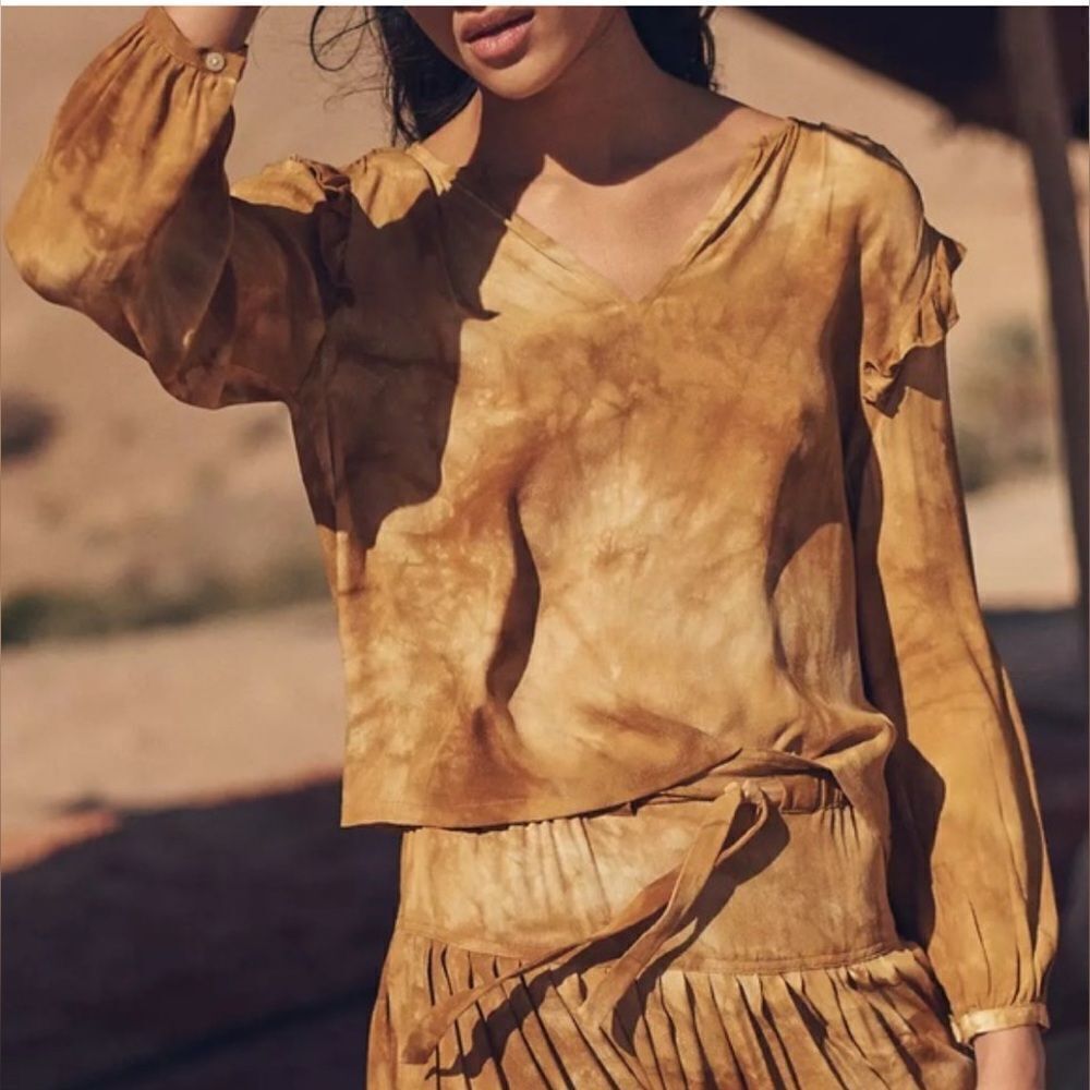 Madewell Tie Dye Ruffle Shoulder Top Brown Size S Long Sleeve Cropped